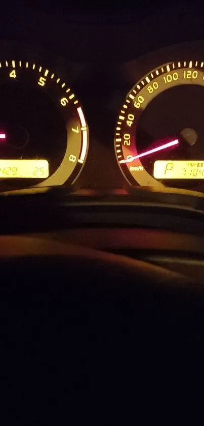 Vintage car dashboard with glowing gauges, emitting a warm neon light.