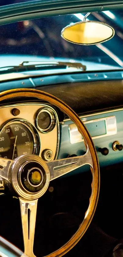 Vintage car dashboard with classic steering wheel and speedometer.