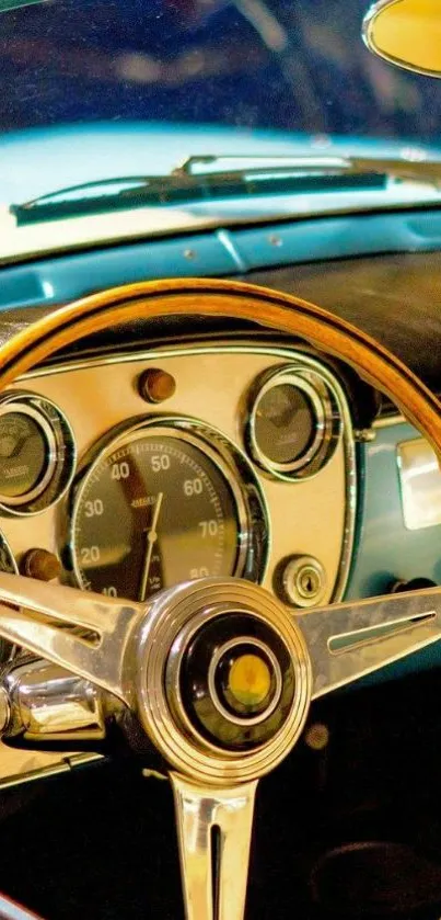 Vintage car dashboard with wooden steering wheel and classic gauges.