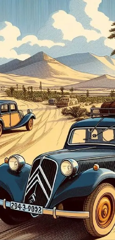 Vintage cars journeying through a scenic desert landscape.