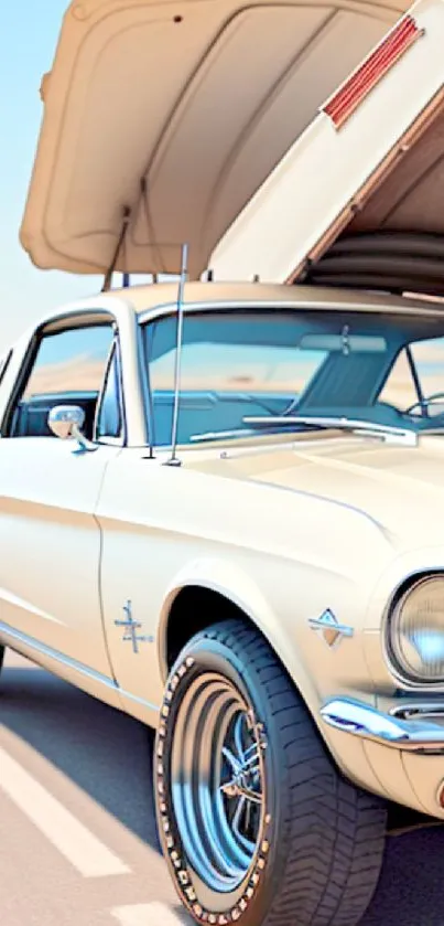 Vintage car parked on a desert road with hood open under clear skies.