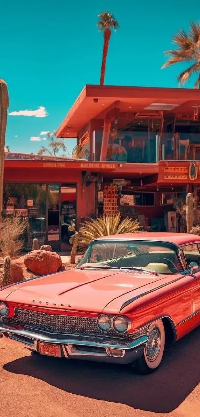 Vintage red car with desert background and cacti.