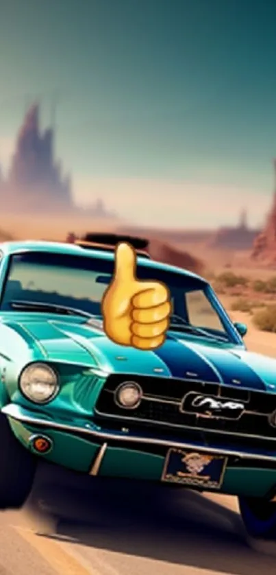 Vintage turquoise car with thumbs up in desert landscape.