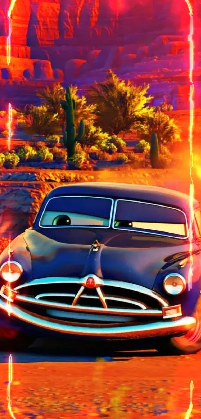 Vintage car races in vibrant desert landscape under sunset hues.