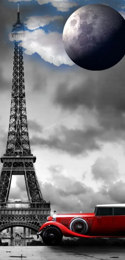 Vintage red car under Eiffel Tower with moon.