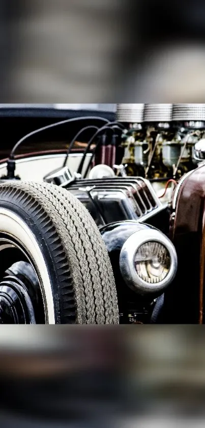 Close-up of vintage car engine with tire and metallic details.