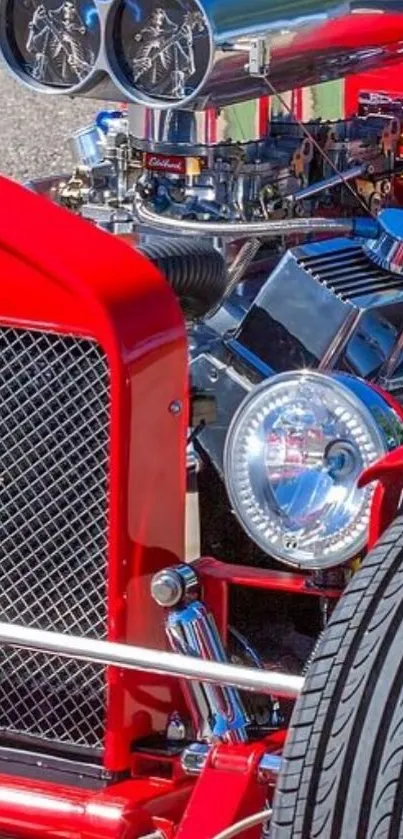 Close-up of a vintage car engine with red and chrome details.