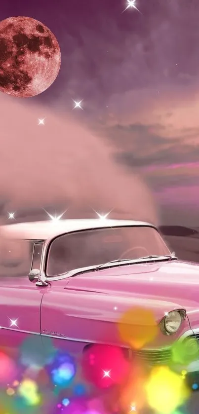 Vintage pink car under a mystical sky with colorful orbs and a reddish moon.