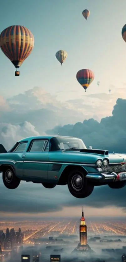 Vintage car and balloons above city skyline in fantasy artwork.