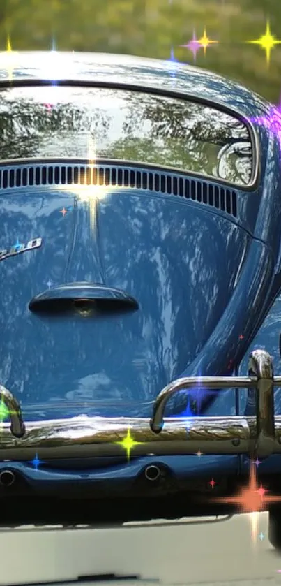 Vintage blue car driving on a forest road, capturing nature's serenity.