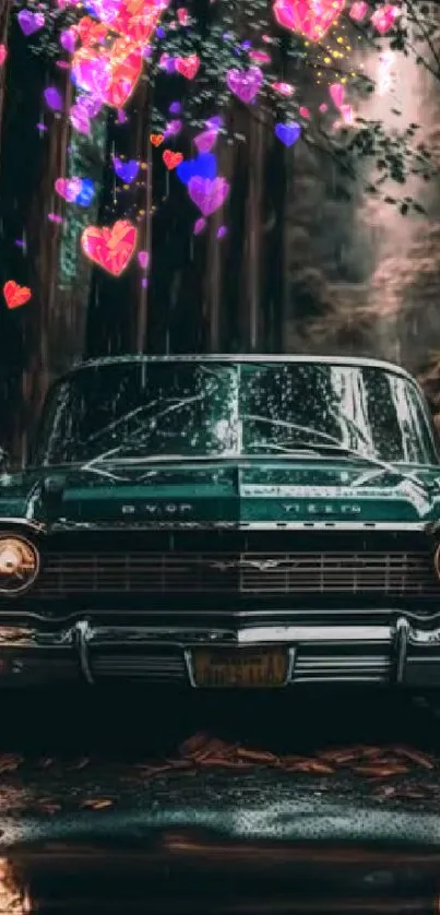 Vintage car drives through dark forest scene.