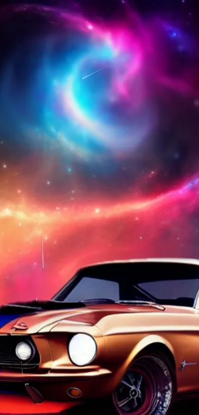 Vintage car set against a vibrant galaxy backdrop with swirling cosmic colors.