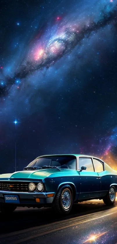 Vintage car with galaxy background, vibrant and cosmic mobile wallpaper.