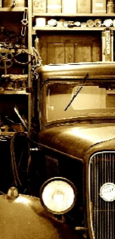 Sepia-toned vintage car in a rustic garage setting.