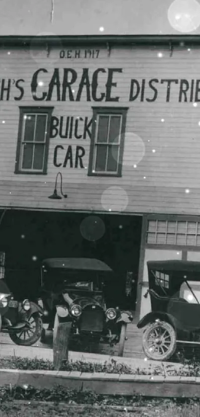 Vintage car garage with classic automobiles in black and white.