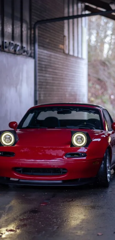 Vintage red car in a garage setting, perfect for automotive enthusiasts.