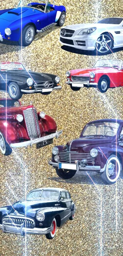 Wallpaper with classic cars on a gold background.