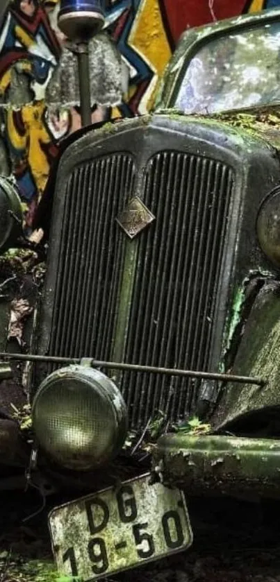 Vintage car with graffiti background wallpaper.