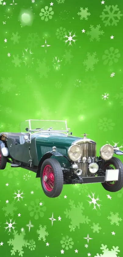 Vintage car on a green festive background with snowflake accents.