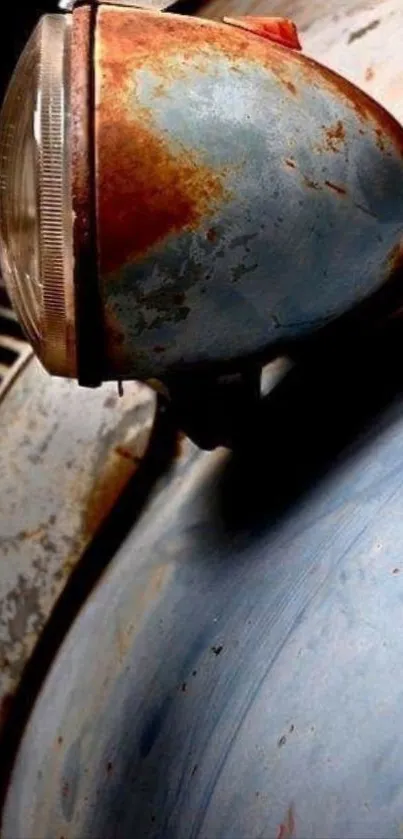Close-up of vintage car headlight with rusty texture.