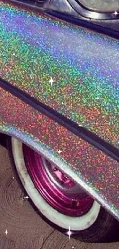 Holographic vintage car with sparkling metallic finish.