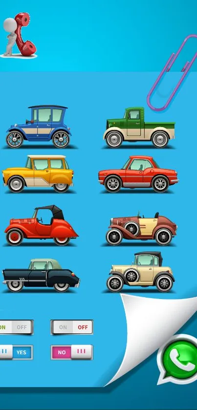 Colorful vintage car icons on blue wallpaper background.