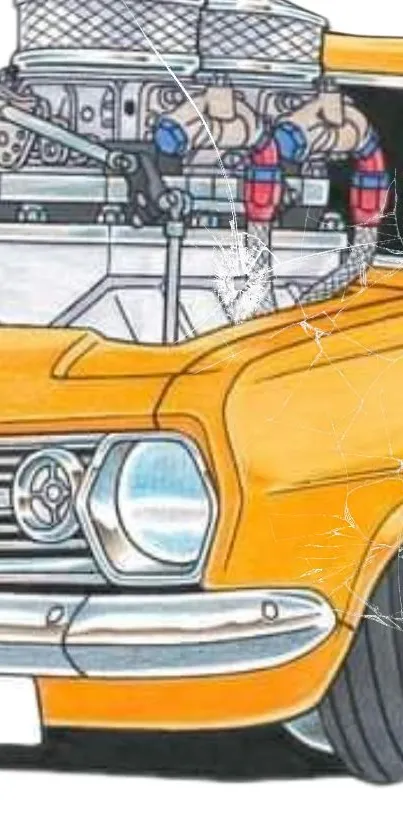 Illustrated vintage car with a vibrant orange color and mechanical details.