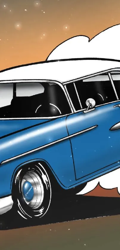 Illustrated vintage blue car on a gradient background.