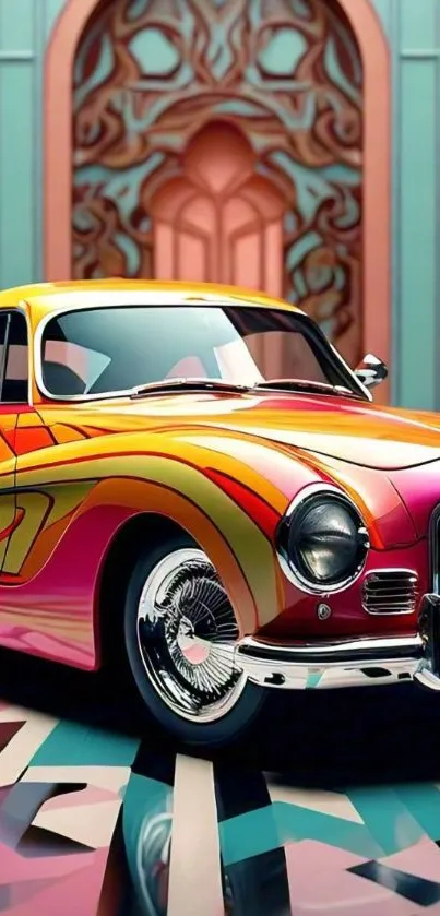 Vibrant vintage car in an artistic setting.