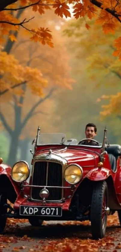 Vintage red car driving through fall forest.