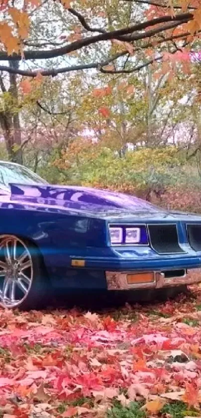 A vintage blue car parked among vibrant red autumn leaves.