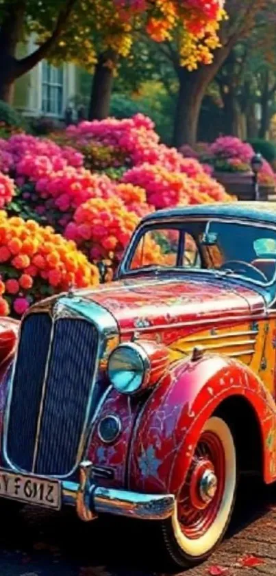 Vintage car amidst colorful blooming flowers in a picturesque setting.