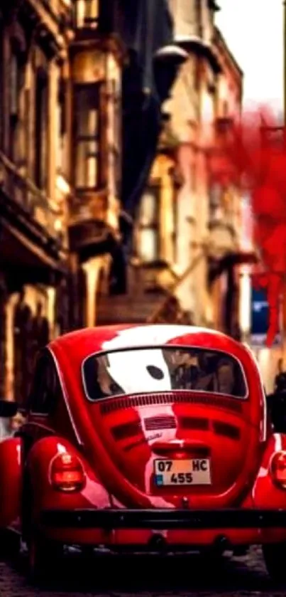 Vintage red car on picturesque city street.