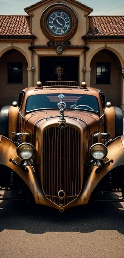 Vintage bronze car in front of classic building.