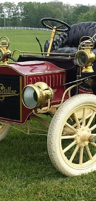 Vintage car with brass and leather in countryside landscape.