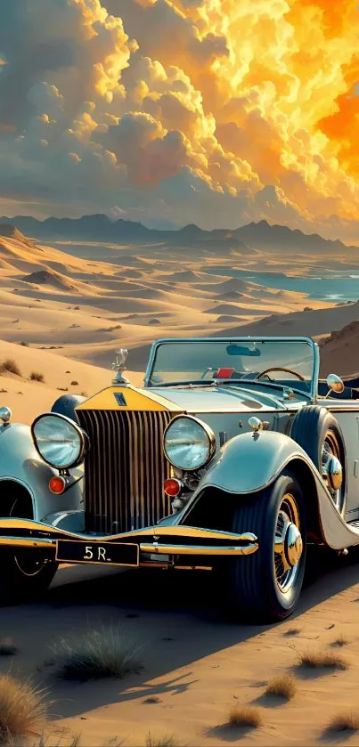 Vintage convertible car at sunset in the desert.