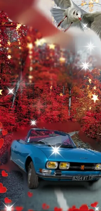 Blue vintage car in a red forest with stars and hearts.