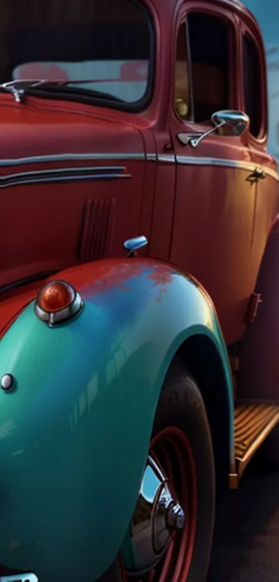 Vintage car against an evening urban backdrop with vibrant fenders.