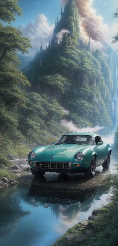 Vintage car in a lush fantasy forest setting with green trees and misty mountains.