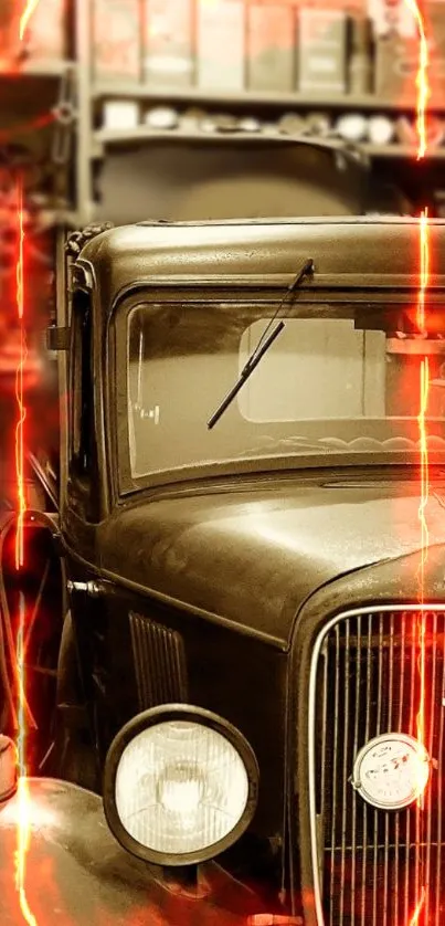 Vintage car with fiery glow in workshop setting.