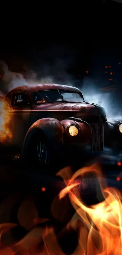 Vintage car with flames and smoke on a dark background wallpaper.