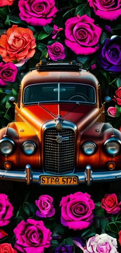 Vintage car surrounded by vibrant roses in artistic mobile wallpaper.