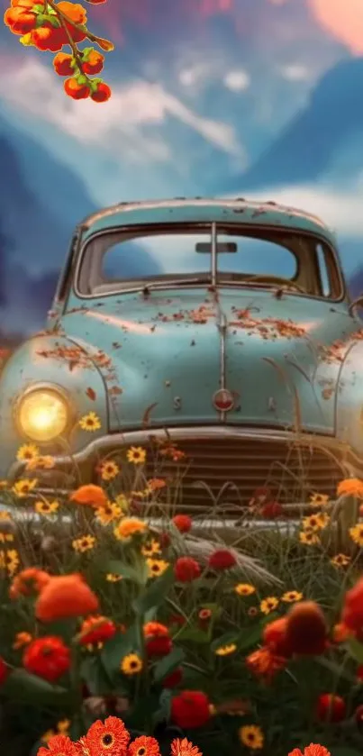 Vintage car surrounded by colorful flowers and mountains.