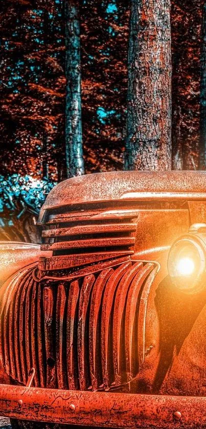 Rusted vintage car glowing in a forest.