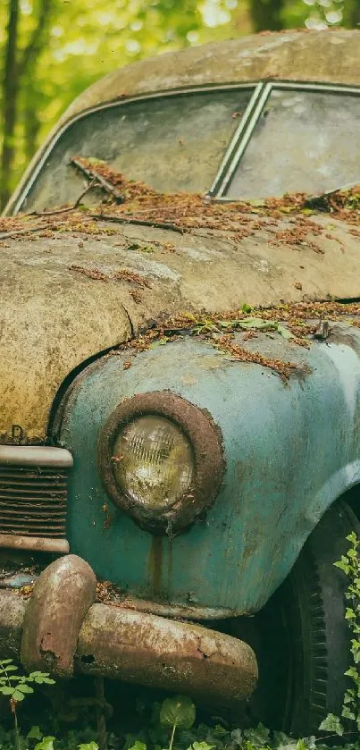 Rusty vintage car amidst lush green forest.