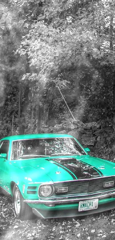 Vintage car in a grayscale forest with a vibrant green hue.