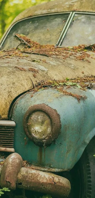 Vintage car surrounded by lush forest and greenery.