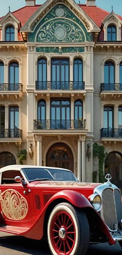 Vintage red car parked in front of grand mansion.