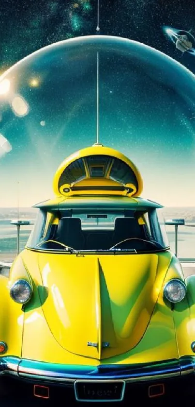 Yellow vintage car in futuristic dome with space backdrop.