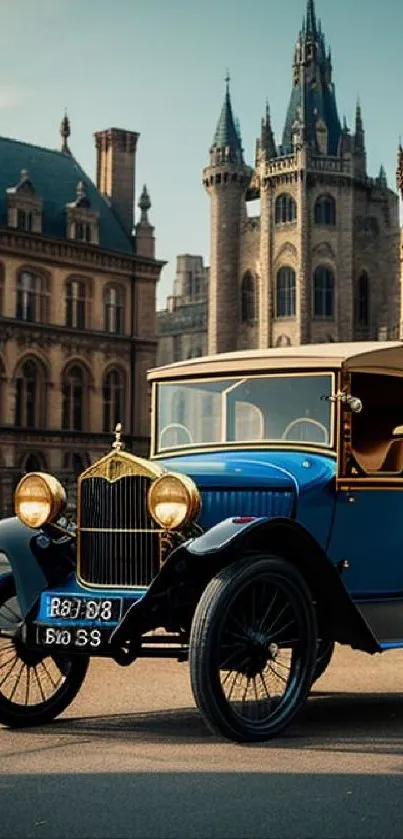 Vintage car parked in front of historical buildings, showcasing classic charm.